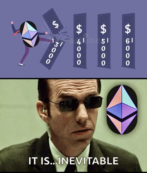A two-panel meme featuring a cartoon figure breaking through dominoes labeled with dollar amounts ($3,000 to $6,000) above an image of Agent Smith from The Matrix with the Ethereum logo and the text 'IT IS...INEVITABLE'.