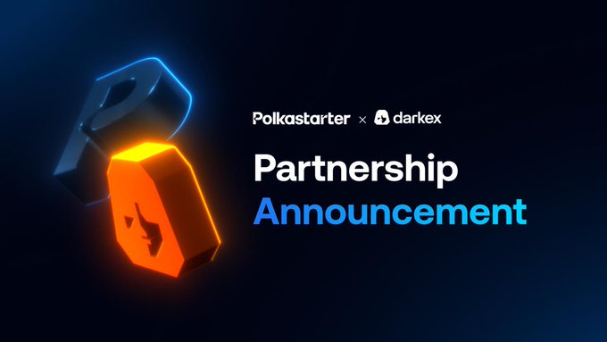 A digital partnership announcement graphic displays the Polkastarter and Darkex logos alongside the text "Partnership Announcement," visually promoting the collaboration between the two platforms as described in the accompanying post welcoming Darkex as a new ecosystem partner.