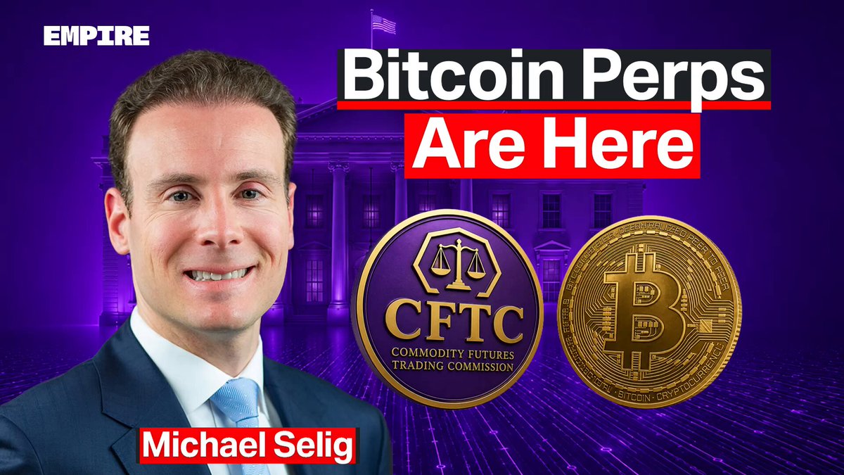 The image features a man wearing a suit and tie smiling at the camera while sitting next to two gold coins. The background of the image has purple and blue colors, with text that reads "BITCOIN PERPS ARE HERE".