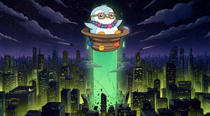 An illustrated scene of a penguin wearing glasses and a Hawaiian lei in a UFO beam above a futuristic city skyline at night.