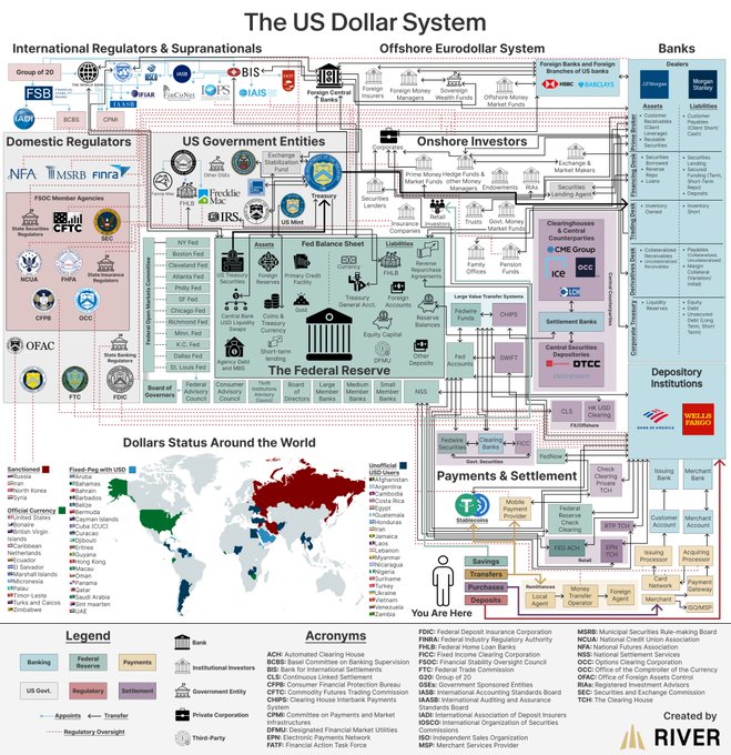 A complex infographic titled "The US Dollar System" by River, mapping the flow of money between international regulators, the Federal Reserve, banks, and various domestic and offshore entities.