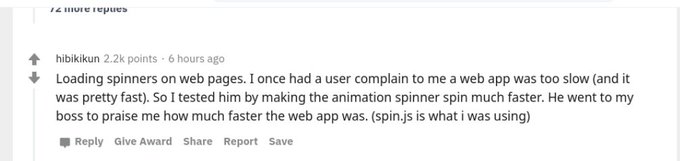 A Reddit comment from user 'hibiki kun' about loading spinners on web pages and increasing animation speed to fool a user into thinking a web app was faster.