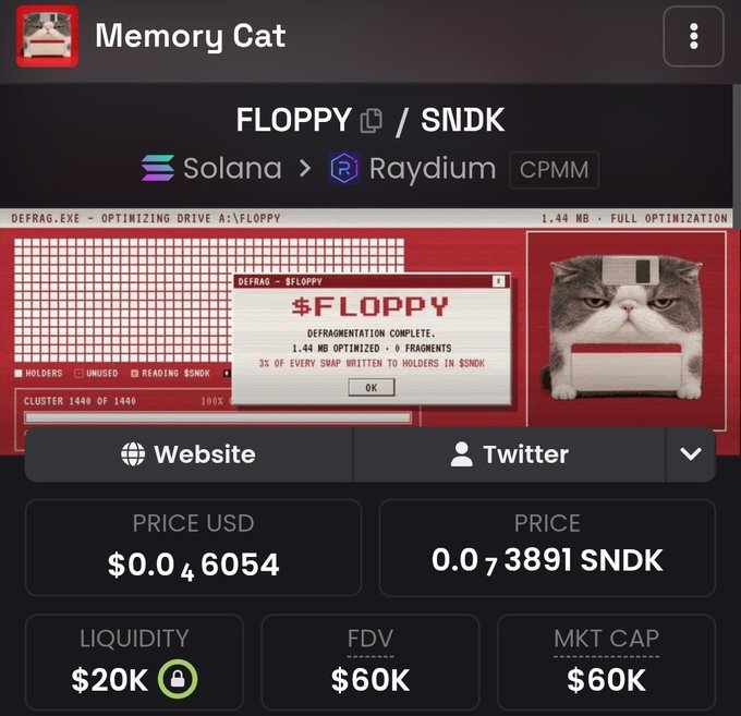 A cryptocurrency tracking interface shows 'Memory Cat' with token ticker $FLOPPY/$SNDK on Solana via Raydium CPMM, displaying a deflationary meme featuring a cat with a floppy disk, and stats including price $0.046054, liquidity $20K, FDV $60K, and market cap $60K.