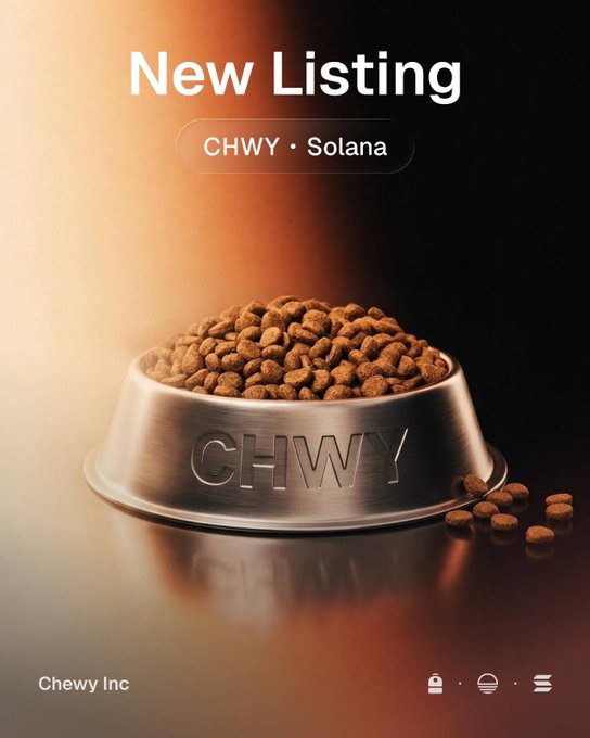The image features a silver pet food bowl engraved with "CHWY" filled with kibble, set against a warm gradient background, with bold text announcing "New Listing — CHWY · Solana." The "Chewy Inc" branding and the bowl-and-kibble visual cleverly reinforce the pet food company's ticker symbol, celebrating its new Solana listing.