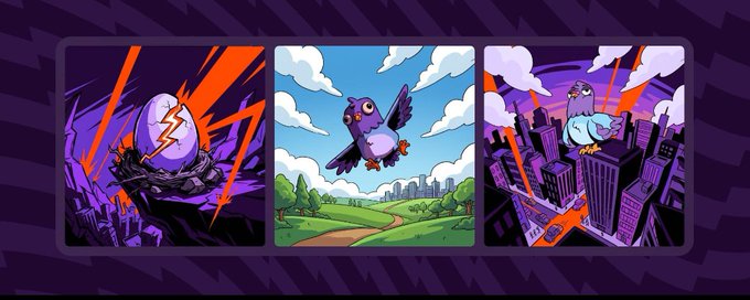 Three illustrated panels show a purple pigeon's journey: an egg cracking with a lightning bolt in a dark city, the pigeon flying peacefully over green countryside, and a large bird landing atop skyscrapers at sunset—visually representing Wingston's transformation and growth on Rally.io alongside the post's theme of challenging creative potential.