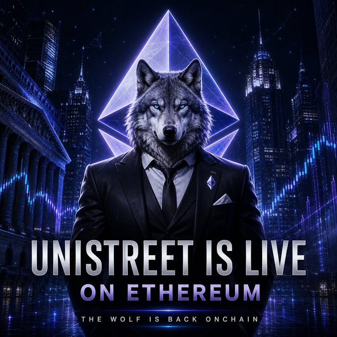 A suited wolf-headed figure stands before a glowing Ethereum logo and city skyline, with bold text reading "UNISTREET IS LIVE ON ETHEREUM" and "THE WOLF IS BACK ONCHAIN," visually announcing the $Unistreet relaunch featured in the post.