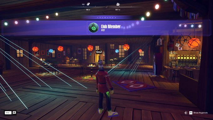 A screenshot from a VR game (likely Gorilla Tag) showing a player named 'GoZ' in a cozy cabin-like social space decorated with string lights, lanterns, and a bar area.