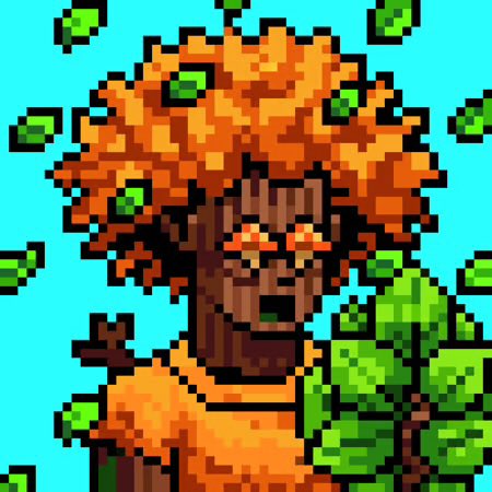 Pixel art of a character with dark skin, glowing orange eyes, and a large orange afro-like headdress, set against a bright blue background with floating green leaf sprites.