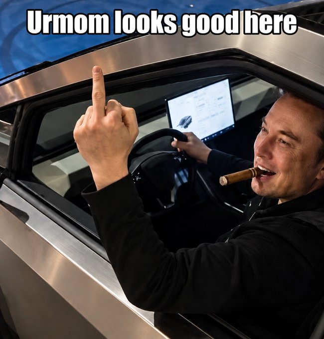 A man sits in the driver's seat of a Tesla Cybertruck, holding a cigar in his mouth and raising his middle finger, with the text "Urmom looks good here" overlaid at the top. The meme humorously ties Elon Musk and Tesla/SpaceX branding to the crypto project "Urmom," aligning with the post's pitch of combining a viral meme with SpaceX rewards on the $URMOM token.