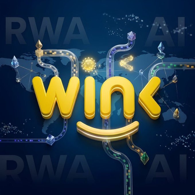 A 3D graphic featuring a large yellow 'WIN' with a smile underneath, set against a dark blue world map background with circuit-like paths, Ethereum logos, and the faint text 'RWA' and 'AI'.