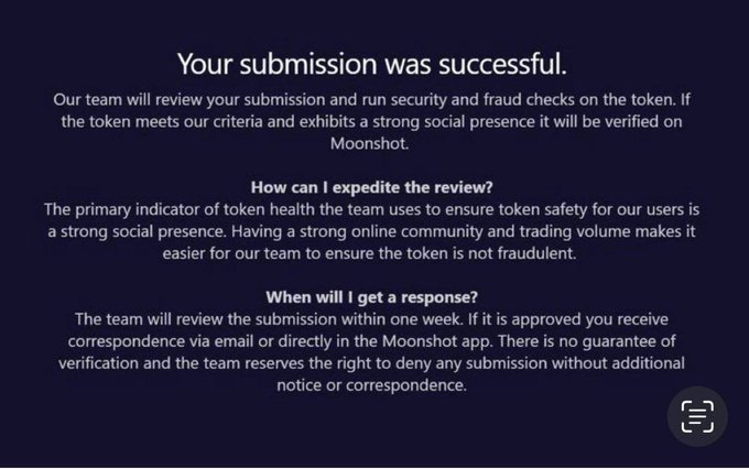 A screenshot of a Moonshot confirmation page stating "Your submission was successful," with notes on the review process for token verification. The image relates to a post about applying for the $AURACAT token on Moonshot, providing evidence that the submission was successfully submitted and awaiting insider approval.