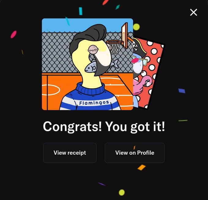 A pop-up window displaying 'Congrats! You got it!' above a cartoon character with multiple eyes, with buttons to 'View receipt' and 'View on Profile' on a dark background with confetti.