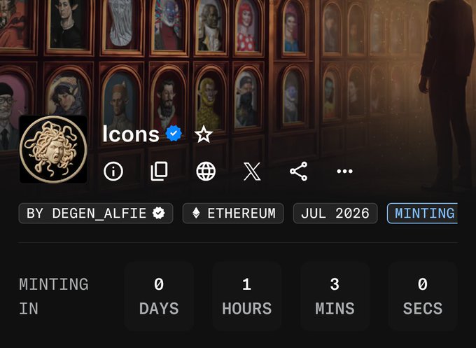 An NFT minting page for "Icons" by DEGEN_ALFIE on Ethereum, scheduled for July 2026, showing a Medusa-themed gold logo against a dark gallery wall lined with classical portraits. The countdown timer displays 0 days, 1 hour, 3 minutes, and 0 seconds remaining, confirming the imminent launch of @theiconsart collection mentioned in the post.
