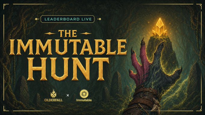 A promotional banner for 'THE IMMUTABLE HUNT' featuring a clawed hand reaching for a glowing crystal, with 'OLDERFALL x Immutable' branding.