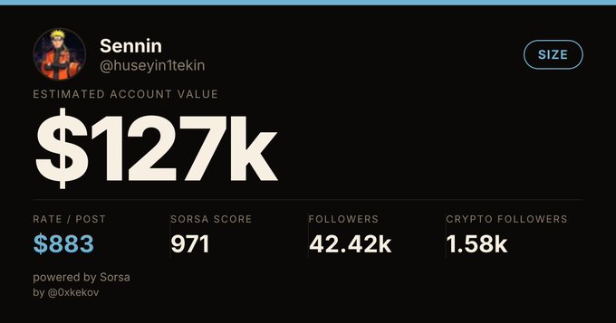 A Sorsa dashboard displays Twitter account metrics for "Sennin" (@huseyin1tekin), including an estimated account value of $127k, a Sorsa score of 971, and 42.42k followers. The post humorously offers the account for sale for $127k, matching the dashboard's estimated value.