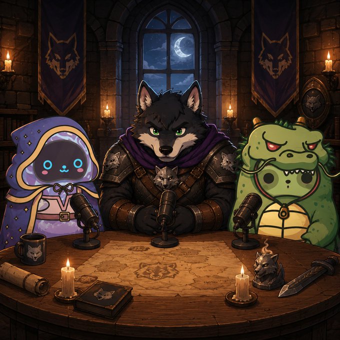 Three anthropomorphic characters—a wizard-like figure, an armored wolf warrior, and a reptilian creature—sit at a candlelit roundtable with microphones and a map, set in a medieval chamber with wolf banners, promoting a collaborative announcement between Snoozies NFT and Wolf Swap Wolfies regarding the Wolfage Game.