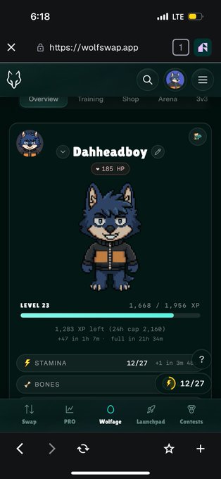 The image shows a smartphone screen showing various apps, including one for Wolfswap that displays a character named Daffhead Boy and his level of experience, which is 2300 XP. The app also has an item list with a total of 12 items and 3 currency values. There are 2 more chained combined with cronos to get more shards (experience points), and the player currently has 1,8 XP left. A star rating of 4 out of 5 is given for this character in Wolfswap.