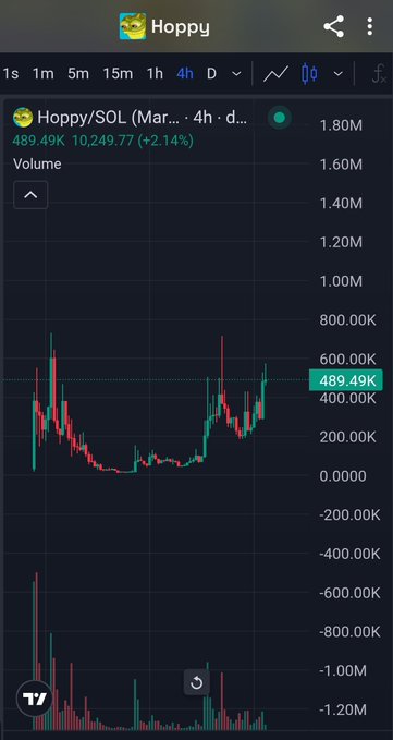 A TradingView chart of Hoppy/SOL token on a 4-hour timeframe, showing a price of 489.49K (+2.14%) and 10,249.77, with volume and price history displayed.