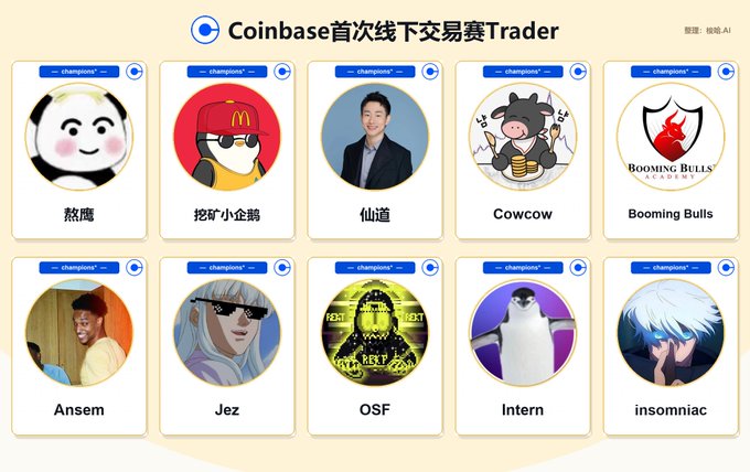 A graphic titled 'Coinbase首次线下交易赛Trader' features a grid of ten circular avatars or profile pictures with labels including 煞鹰, 挖矿小企鹅, 仙道, Cowcow, Booming Bulls, Ansem, Jez, OSF, Intern, and insomniac.