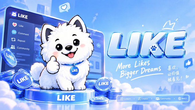 The image features a cartoon white dog mascot giving a thumbs up, surrounded by LIKE coin tokens, with the bold "LIKE" logo and tagline "More Likes, Bigger Dreams" displayed against a sky-blue background with social media interface elements. This promotional graphic ties directly to the post's $LIKE token giveaway, visually emphasizing the cryptocurrency's branding and community-engagement theme to attract participants.