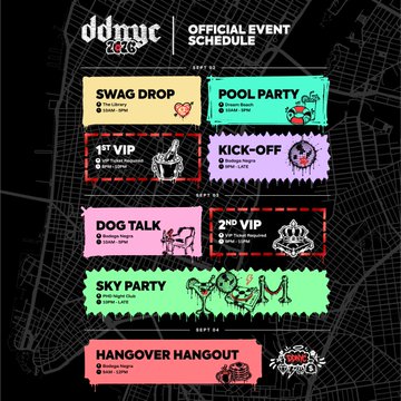 An 'oddnvc' official event schedule poster featuring colorful ticket-style graphics listing events including 'SWAG DROP', 'POOL PARTY', '1ST VIP', 'KICK-OFF', 'DOG TALK', '2ND VIP', 'SKY PARTY', and 'HANGOVER HANGOUT' across Sept 01-04.