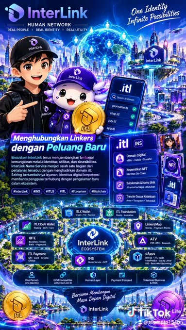 An advertisement for "InterLink Human Network" featuring a cartoon character and mascot, with the tagline "One Identity Infinite Possibilities" and Indonesian text about connecting with a new user."