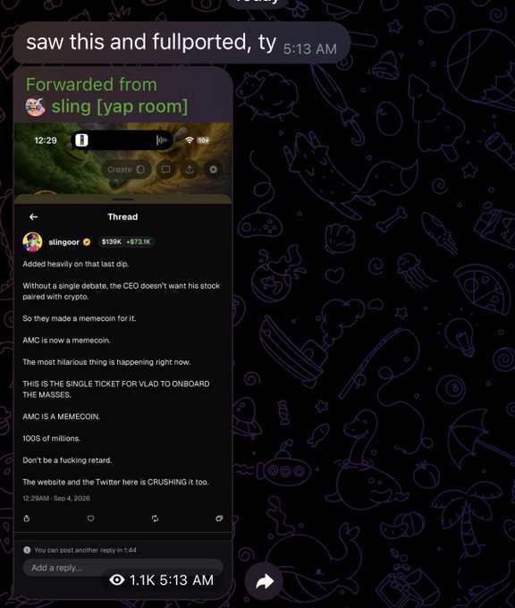 A screenshot of a forwarded social media post from "slingoor" promoting AMC as a "memecoin" with claims of 100x returns, with the caption "saw this and fullported, ty." The post aligns with the accompanying context of a trading callout that generated significant profits.