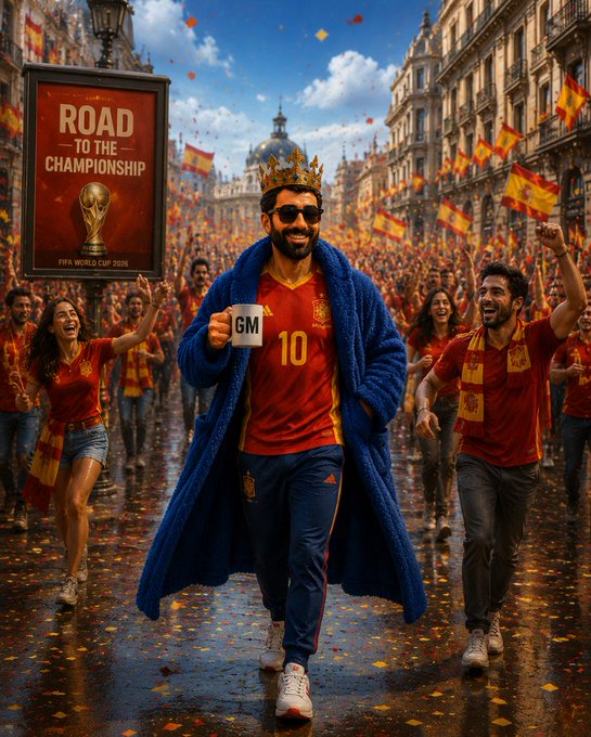 An AI-generated celebratory scene of a bearded man wearing a crown, sunglasses, and a blue robe over a Spain #10 jersey, walking through a crowd of fans in Madrid with a 'ROAD TO THE CHAMPIONSHIP - FIFA WORLD CUP 2026' sign.