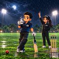 Two small cartoon characters, one in a soccer uniform and another in dark attire, stand on a green sports field at night.