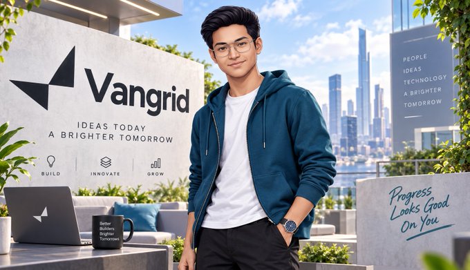 A promotional image showing a young Asian man wearing glasses and a teal hoodie standing in front of a 'Vangrid' wall with the tagline 'IDEAS TODAY A BRIGHTER TOMORROW', alongside icons for BUILD, INNOVATE, and GROW.