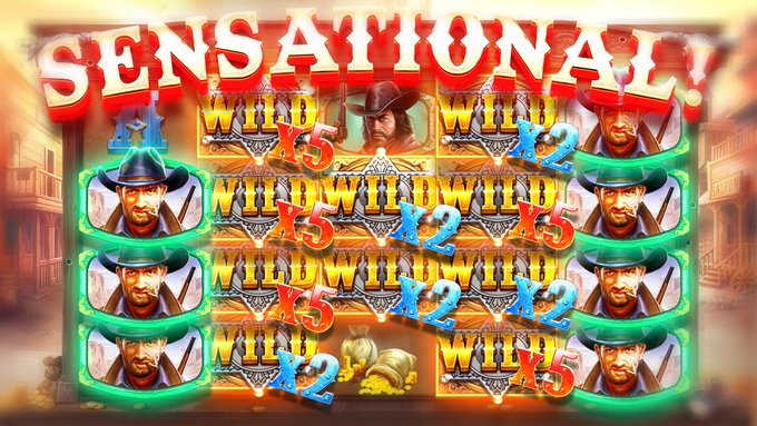 The image shows a Wild West-themed slot machine screen featuring cowboy characters with "WILD" symbols and multipliers of "x5" and "x2" across the reels, topped with a bold "SENSATIONAL" banner. The graphic appears to be promoting a slot machine win, serving as eye-catching visual content for a $50 giveaway promotion requiring likes, retweets, and video engagement.