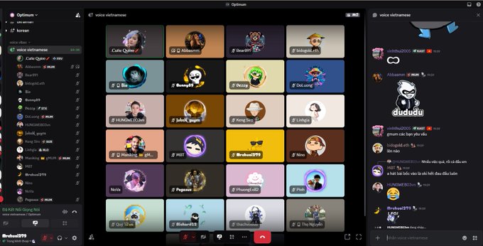 Screenshot of a Discord voice channel interface showing multiple user avatars in a grid layout with the channel name "voice vietnamese" visible.