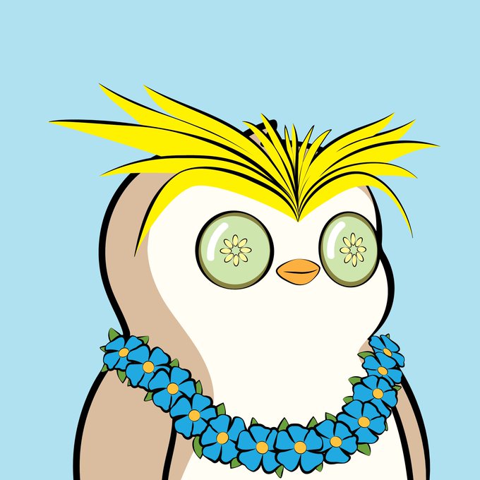 A cartoon illustration of a white owl with spiky yellow head feathers, green eyes with flower-shaped pupils, and a blue flower lei against a light blue background.