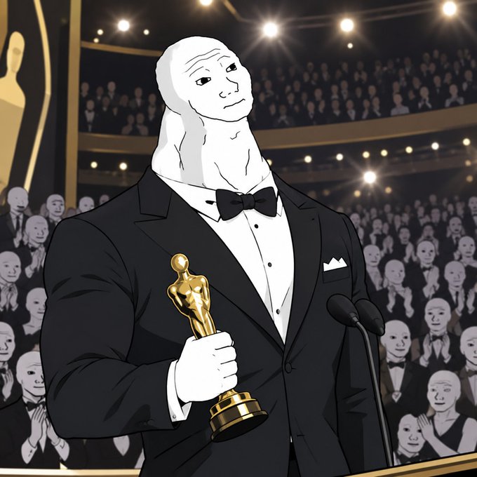 An anime-style illustration of a figure wearing a black tuxedo with bow tie and holding a golden Oscar-style statuette, standing at a podium in front of an audience of pale-faced spectators.