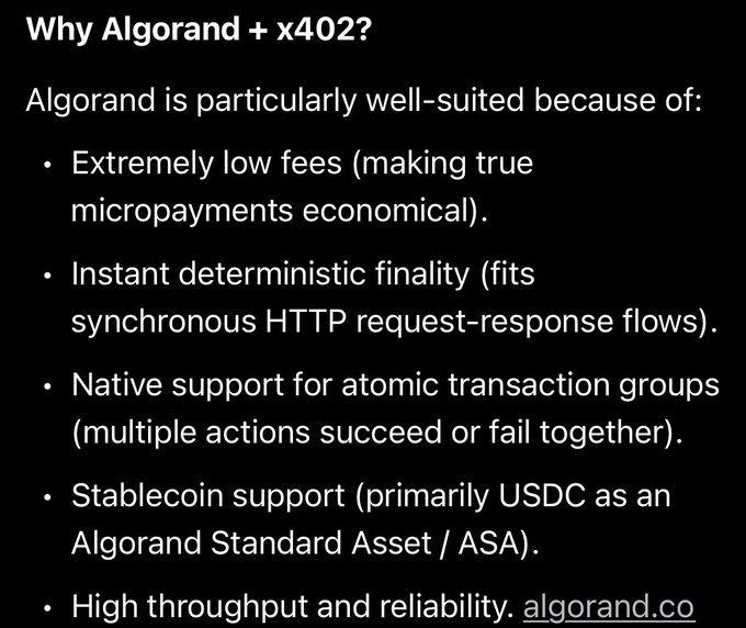 A slide titled "Why Algorand + x402?" lists five key advantages of using Algorand for x402 payments: extremely low fees for micropayments, instant deterministic finality for synchronous HTTP flows, native atomic transaction groups, stablecoin support (primarily USDC as an ASA), and high throughput/reliability (algorand.co). The image reflects the user’s post about asking Grok to explain x402 payments on Algorand ($Algo), reinforcing the "top-tier tech" sentiment by summarizing Algorand's structural strengths for the protocol.