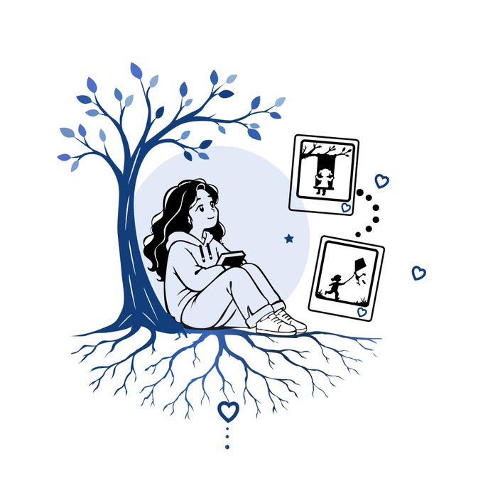 A monochromatic blue illustration of a young woman with dark hair sitting beneath a stylized tree, holding a phone and gazing at floating polaroid-style photos connected by dotted lines, with hearts floating around.