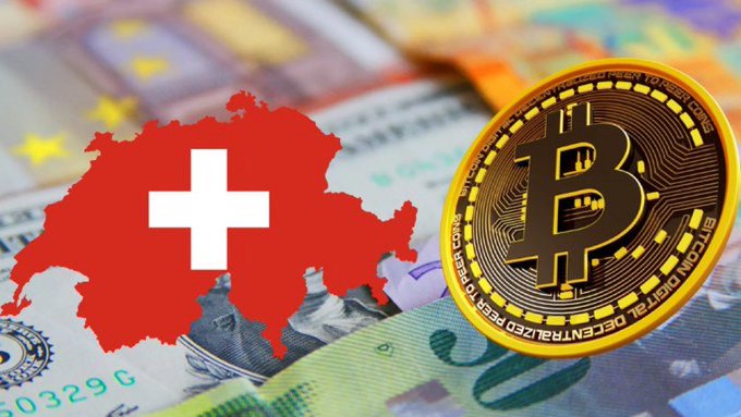 The image features a Swiss flag map overlaid on European currency notes alongside a physical Bitcoin, visually reinforcing the post's claim that Switzerland's central bank now holds $64 million in Bitcoin exposure via MicroStrategy ($MSTR), signaling Europe's growing embrace of cryptocurrency.