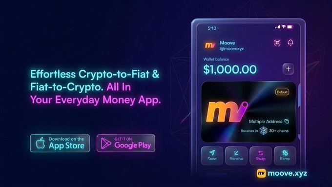 The image shows a cell phone with an app that has a wallet icon, which is a part of the @moovexyz wallet. The app is designed for easy cryptocurrency transactions between different blockchains without any hassle. It can be used to make cross-border payments and manage digital assets like Bitcoin and Ethereum.