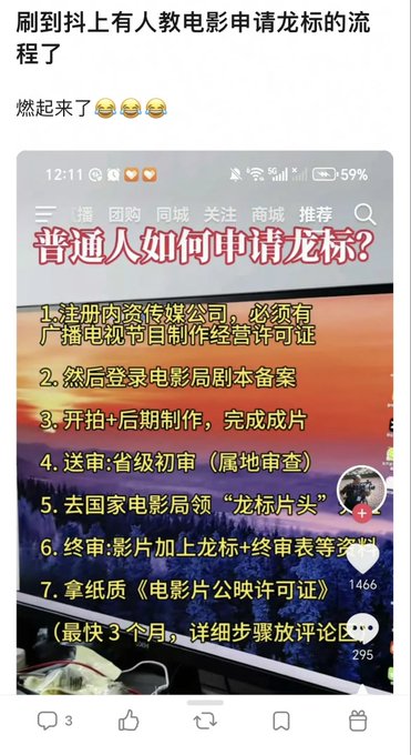 A Chinese social media post discussing the process of applying for the 'Dragon Label' (龙标) for films, with a screenshot listing 7 steps including registering a media company and obtaining a public screening permit.