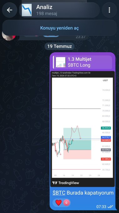 A Telegram chat titled "Analiz" dated 19 Temmuz shows a TradingView chart titled "1.3 Multijet $BTC Long," displaying BTCUSDT price action between approximately 59,750 and 74,050, with the price closing around 64,069 at 07:32. The caption "$BTC Burada kapatıyorum" ("I'm closing $BTC here") corresponds to the author's message about closing their long position on Bitcoin.