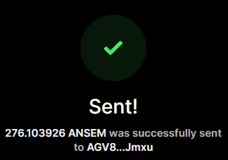 A transaction confirmation screen displays a green checkmark with the text "Sent!" confirming that 276.103926 $ANSEM tokens were successfully sent to the wallet address AGV8...Jmxu. This serves as proof of the airdrop sent to @ifwraviel in the accompanying post.