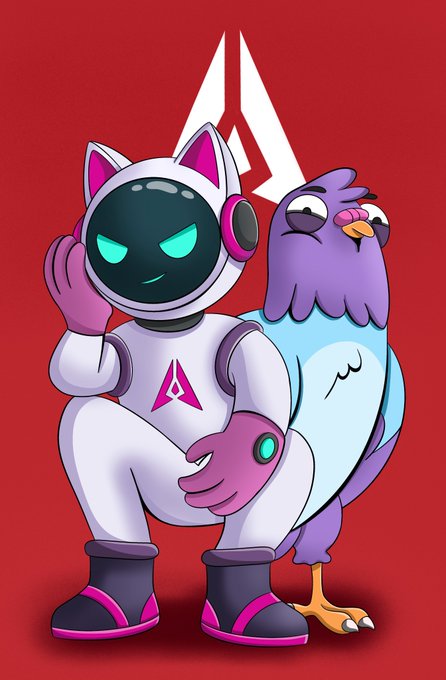 A cartoon illustration shows a white and pink cat-like astronaut character with glowing cyan eyes standing next to a purple and teal bird, set against a red background.