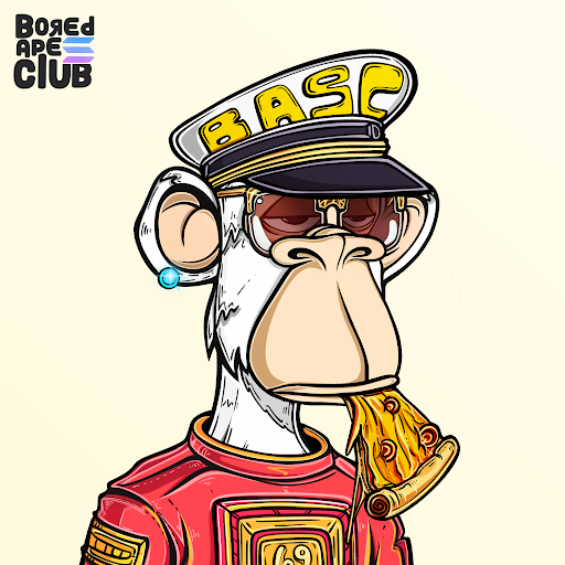NFT artwork from Bored Ape Club featuring a Bored Ape character dressed in a red military-style uniform with a captain's hat and gold epaulettes.