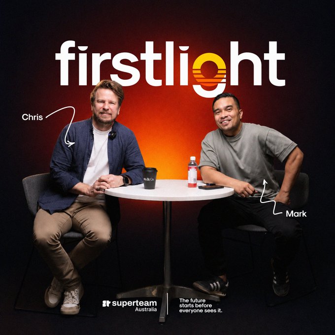Two men, labeled 'Chris' and 'Mark,' sit at a table in a promotional image for 'firstlight' by superteam Australia.