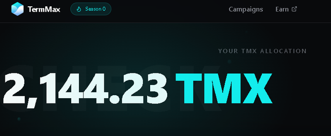 Screenshot of the TermMax platform showing a user's TMX allocation of 2,144.23 TMX tokens on the main dashboard, with a 'Season 0' badge.