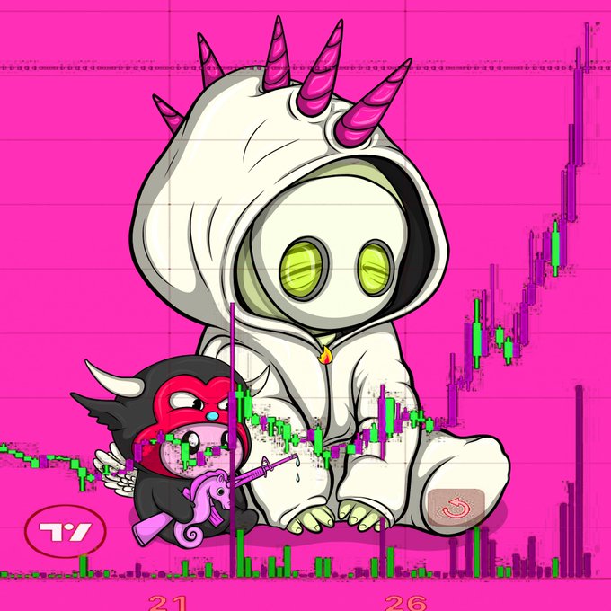 A cute hooded creature with pink horns and glowing yellow eyes sits on a pink candlestick chart background, accompanied by a small winged demon figure holding a tiny unicorn, with numbers "21" and "26" at the bottom and a power symbol—imagery promoting an NFT collection reveal with the public mint opening in 5 minutes.