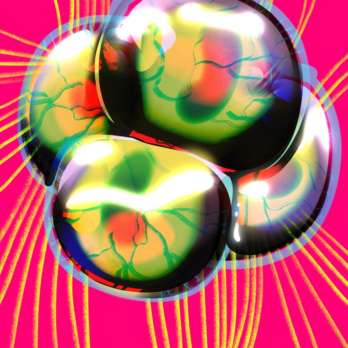 An abstract digital artwork featuring glossy, spherical shapes with green, red, and black coloring set against a vibrant pink background with radiating yellow lines.