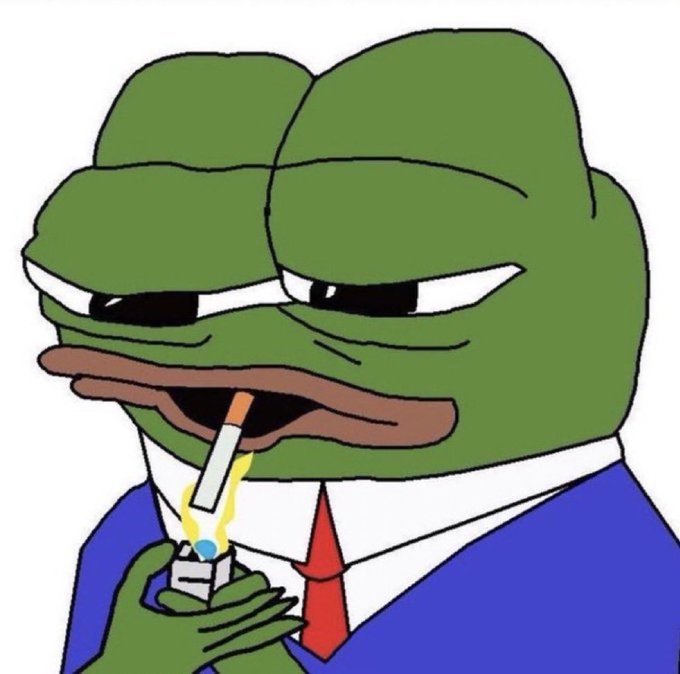 A Pepe the Frog meme depicting the cartoon character in a blue suit and red tie, smoking a cigarette while lighting another one.