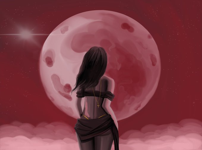 A digital illustration of a woman with long dark hair, wearing a dark off-shoulder dress and a cross necklace, standing with her back turned and looking over her shoulder toward a large pinkish-red moon in a starry crimson sky.