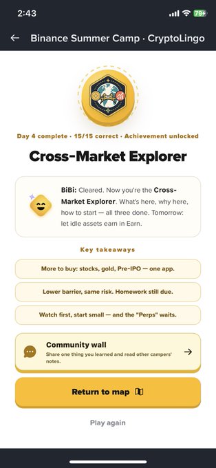 A screenshot from the Binance Summer Camp 'CryptoLingo' app showing a 'Cross-Market Explorer' achievement for Day 4, highlighting that users can now earn with stocks, gold, and Pre-IPO assets, and noting that 'Perps' will be available tomorrow.